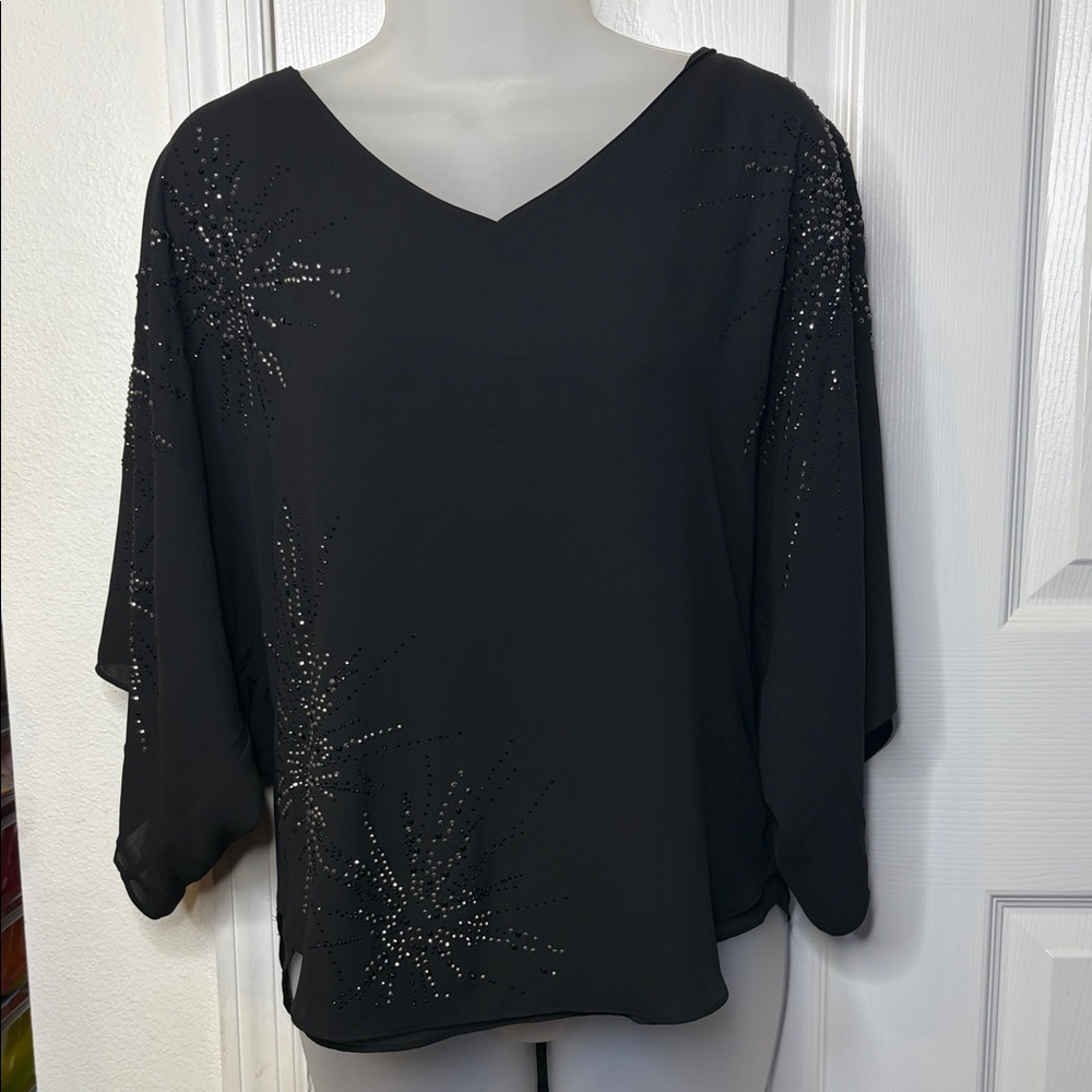 White House Black Market Black Blouse with Sparkling Fireworks